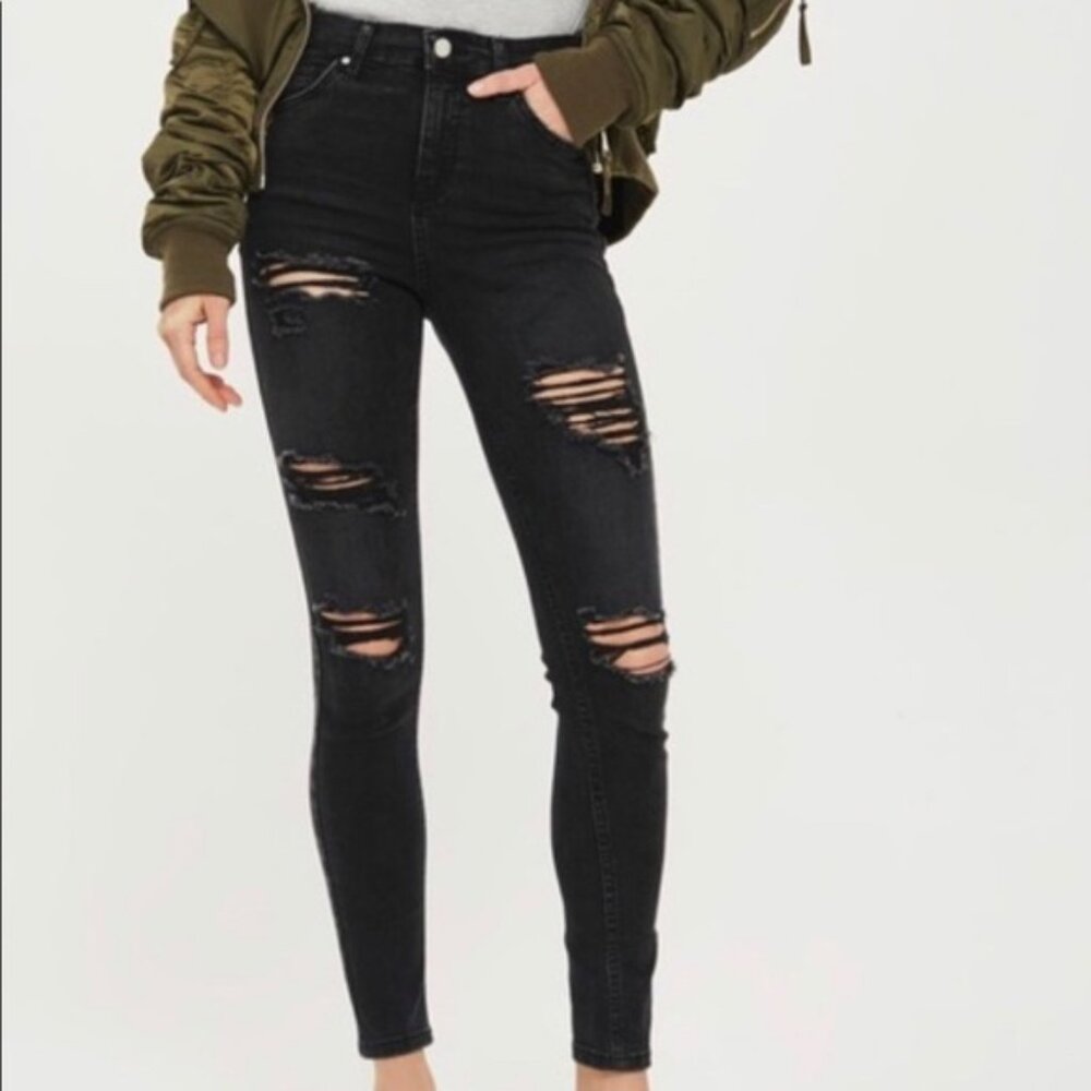Topshop Moto Jamie Jeans High Waisted Black Ripped W26 L32
